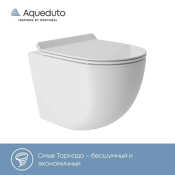 Подвесной унитаз Aqueduto Ovo 36*48 безободковый Tornado с крышкой-сиденьем микролифт белый глянцевый