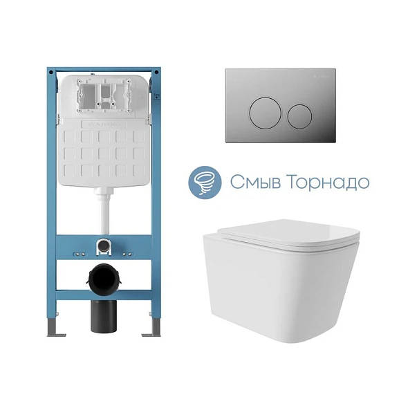Комплект инсталляции Aqueduto Tecnica Novo с безободковым унитазом Macio Plus Tornado белый глянец, клавиша смыва Circulo глянцевый хром