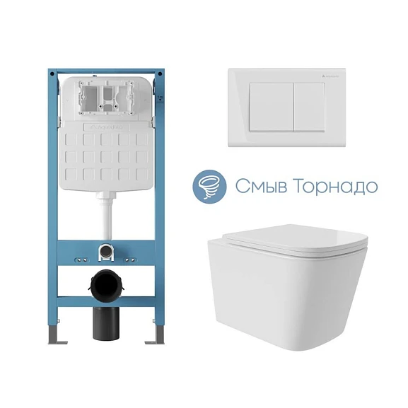 Комплект инсталляции Aqueduto Tecnica Novo с безободковым унитазом Macio Plus Tornado белый глянец, клавиша смыва Quadrado белый глянец