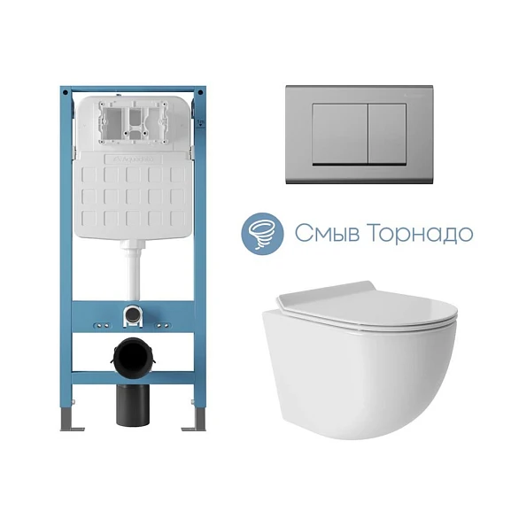 Комплект инсталляции Aqueduto Tecnica Novo с безободковым унитазом Ovo Tornado белый глянец, клавиша смыва Quadrado глянцевый хром