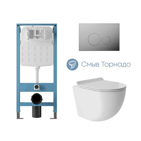 Комплект инсталляции Aqueduto Tecnica Novo с безободковым унитазом Ovo Tornado белый глянец, клавиша смыва Circulo Novo глянцевый хром