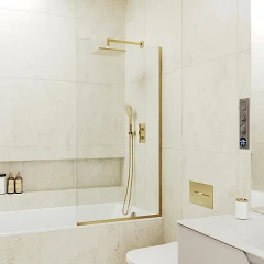 Душевая шторка на ванну MaybahGlass MGV-64-3у 80*140 профиль золото матовое стекло прозрачное