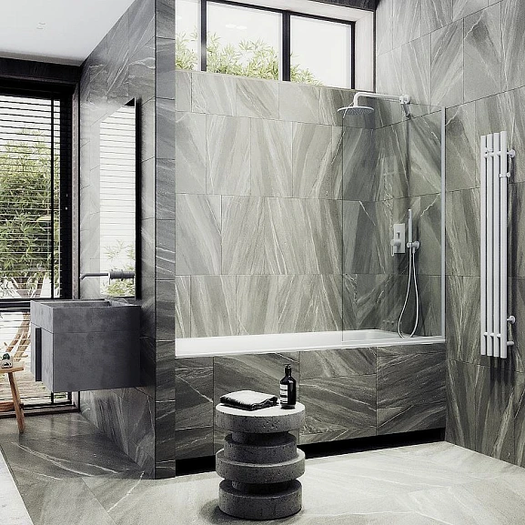 Душевая шторка на ванну MaybahGlass MGV-144-1у 64*140 профиль белый матовый стекло прозрачное