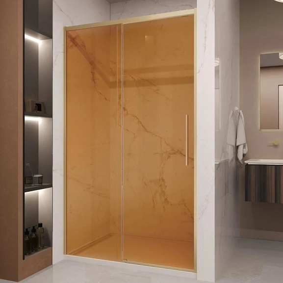 Душевая дверь в нишу Vincea Stella 120*200 стекло янтарь профиль брашированное золото без поддона
